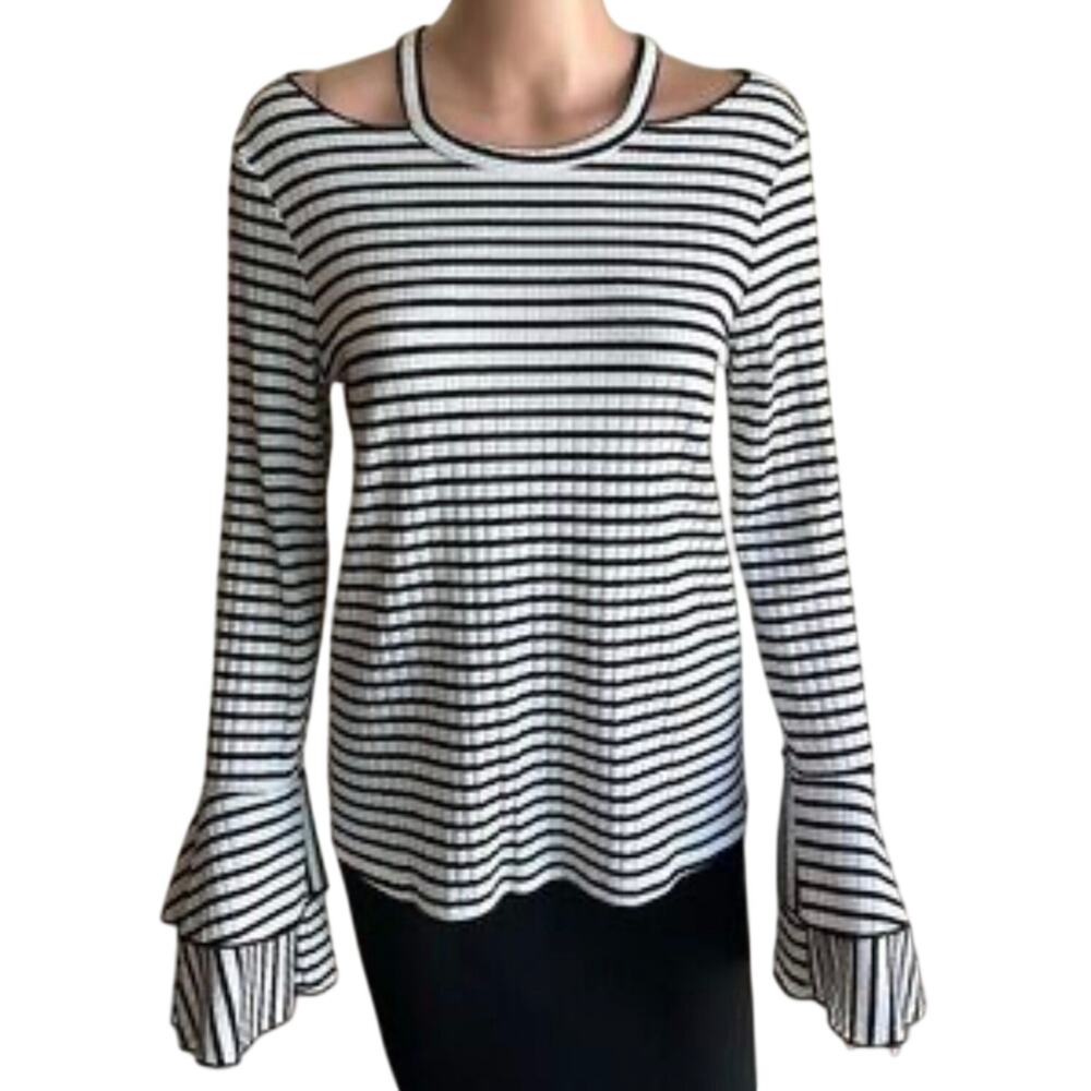 Altar’d State Womens Top Size Small Black & White Horizontal Stripes Bell Sleeve